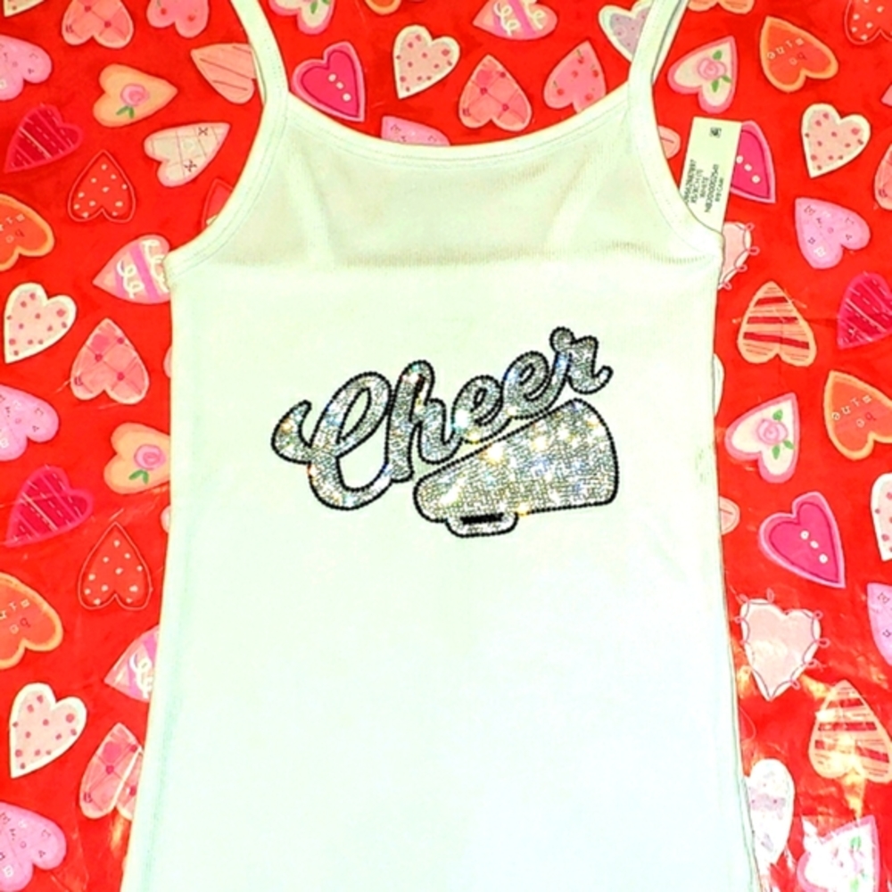 NWT Custom Women's Rhinestone "Carly" Cheer White Cami Tank